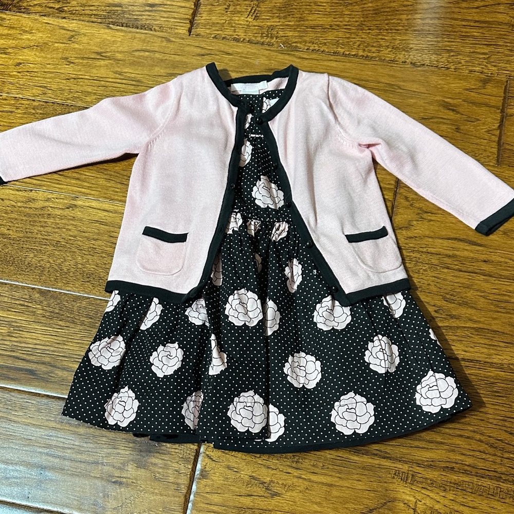 Janie and Jack Black Dress with Light Pink Floral Print and Pink Cardigan